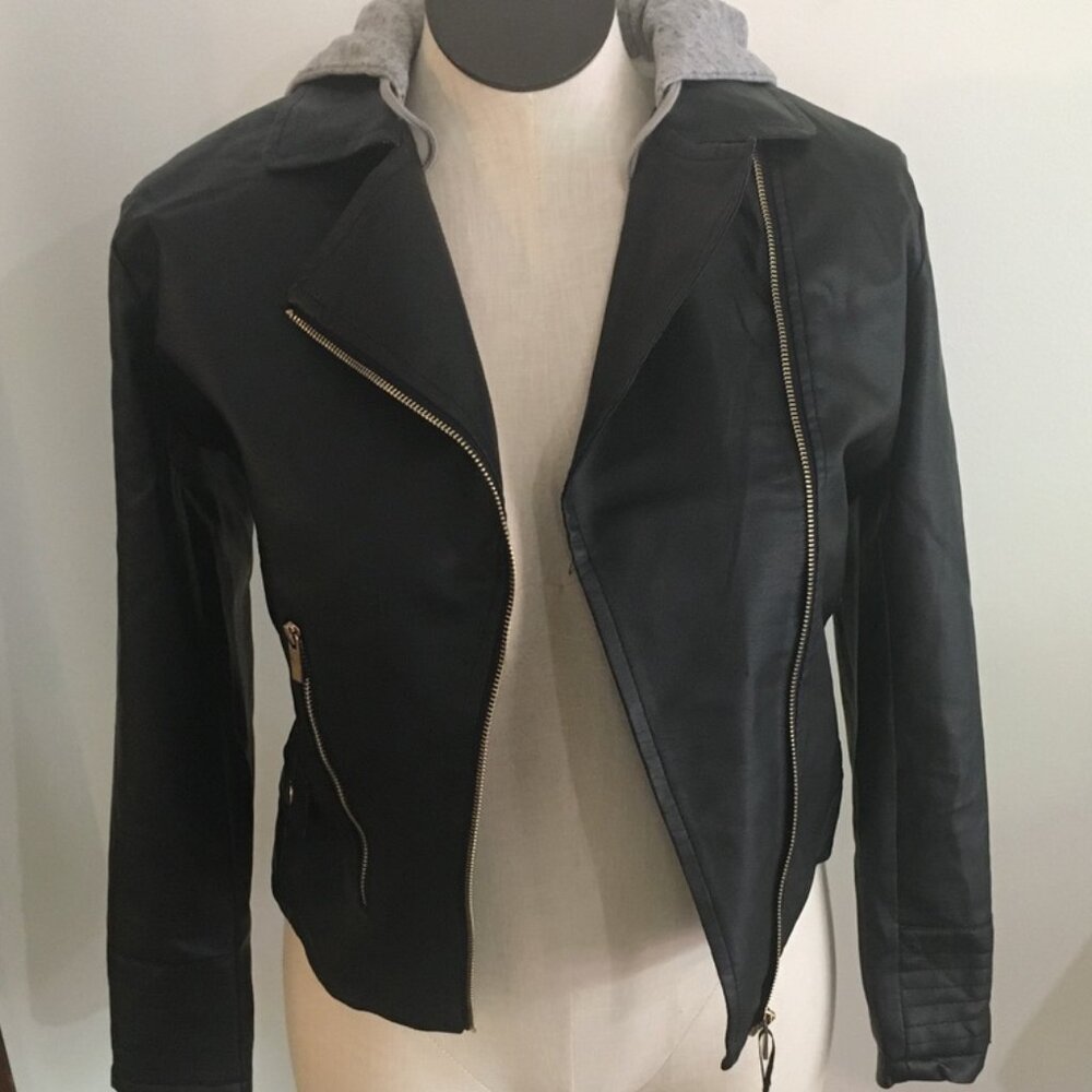 Black Faux Leather Jacket with Gray Hood Size Small NWT